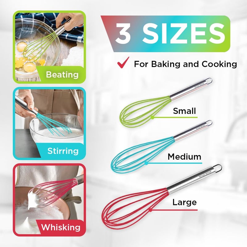 Wired Whisk Silicone Whisk Set of 3 - Silicone Whisks for Cooking Non-Scratch - Silicone Whisk Set - Hand Whisk - Wisk - Metal Whisk - Small Whisk - Mini Whisk - Stainless Steel Whisk - Image 4